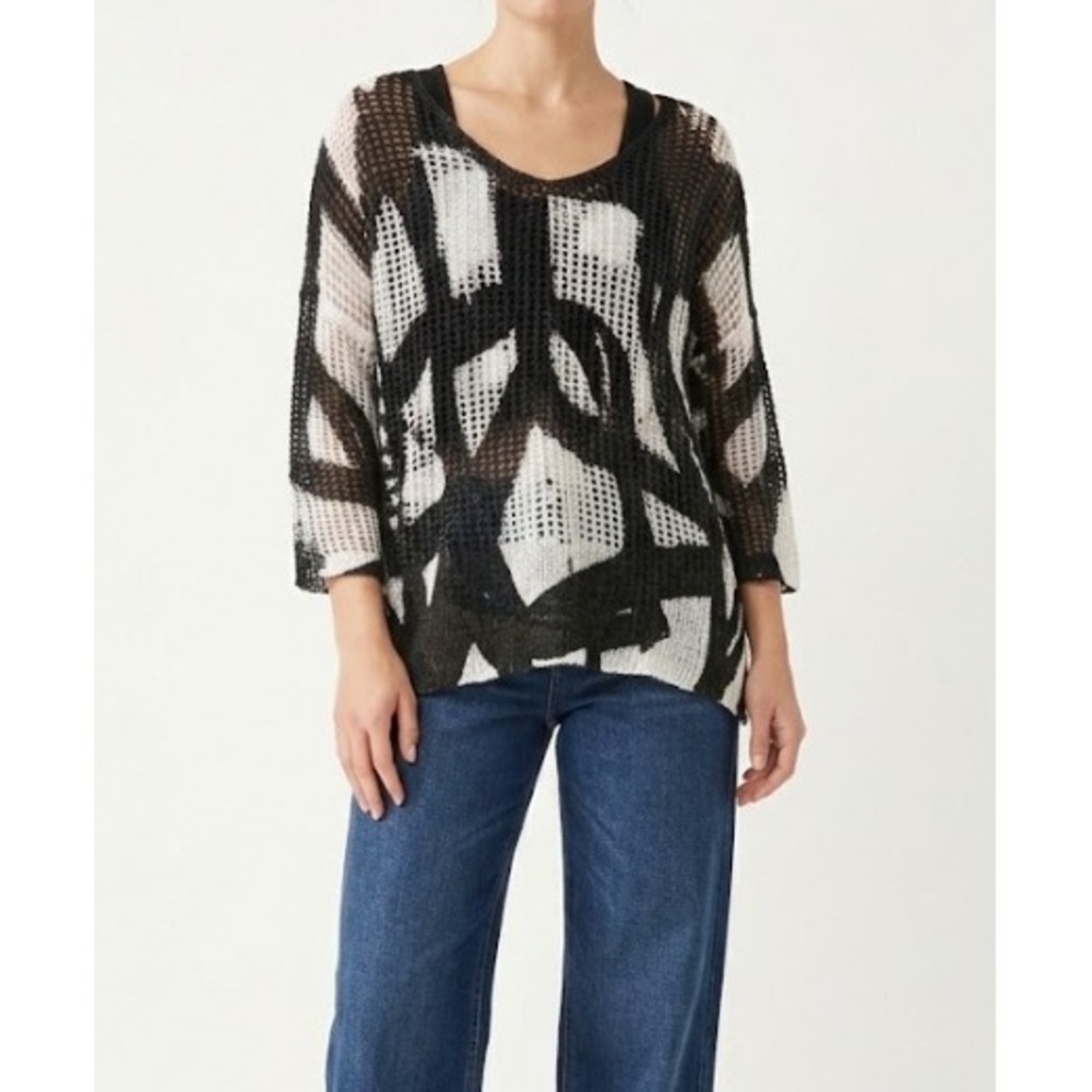 Charlie B Open Knit Sweater size Small Black White Mesh Boho Festival Artsy